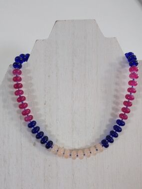 Handmade Pink, Blue & Cream Beaded Necklace - Women Jewelry - 16"